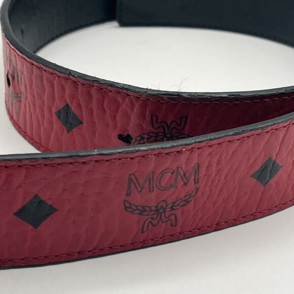 MCM Claus Red Visetos 24k Rolled Gold Buckle Belt Logo On Leather AS IS DAMAGED - Picture 11 of 16